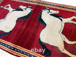 3.5 X 6 Handmade Hand-Knotted New Vintage Rug Quality Wool White Horses Red