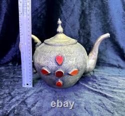 Ancient White Metal Museum Quality Unique Khurasan Tea Pot With Carnelian Stone