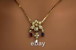Antique 18K Flower VS Quality Diamond, Sapphire, & Ruby Necklace 20in 10.5g