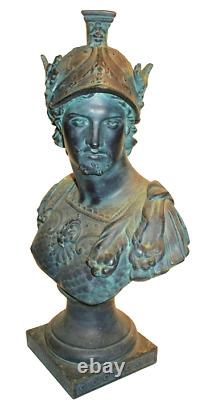 Antique Bust ca. 1890 Greek God Warrior Handsome Guy Bronze Finish Large Quality