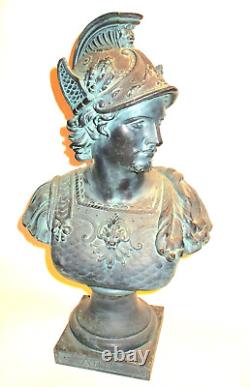 Antique Bust ca. 1890 Greek God Warrior Handsome Guy Bronze Finish Large Quality