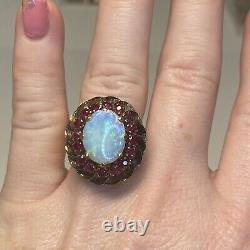 Antique Garnet & Opal Ring 10K Yellow Gold Cocktail Ring Size 6.5, 6.3 G 050121