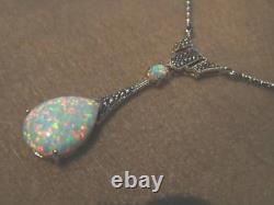 Antique style Sterling Silver Opal Marcasite Deco Teardrop statement Necklace