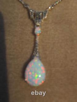 Antique style Sterling Silver Opal Marcasite Deco Teardrop statement Necklace