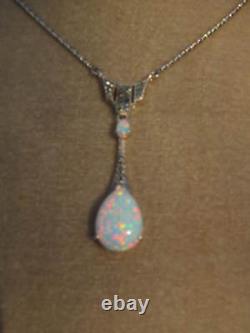 Antique style Sterling Silver Opal Marcasite Peardrop statement Necklace