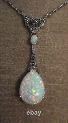 Art Deco Antique style Sterling Silver large Opal Marcasite Peardrop Necklace