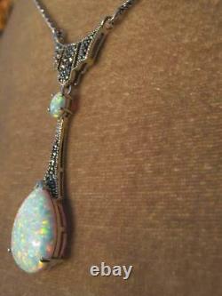 Art Deco Antique style Sterling Silver large Opal Marcasite Peardrop Necklace