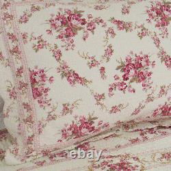 Beautiful Antique Vintage Green Pink Soft Red Rose Cotton White Floral Quilt Set