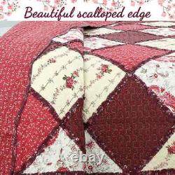 Beautiful Chic Cottage Shabby Pink Red Burgundy Ruffle Patchwork Rose Quilt Set