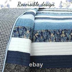 Beautiful Cottage Beach White Blue Navy Nautical Patchwork Stripe Soft Quilt Set