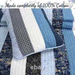 Beautiful Cottage Beach White Blue Navy Nautical Patchwork Stripe Soft Quilt Set