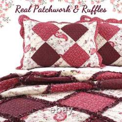 Beautiful Cozy Cottage Shabby Chic Pink Red Burgundy Lace Ruffle Rose Quilt Set