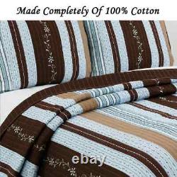 Beautiful Shabby Chic Country Brown White Pink Green Leaf Rose Stripe Quilt Set