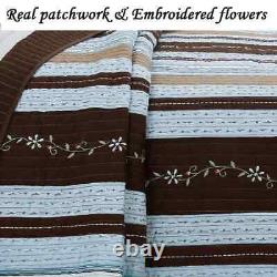Beautiful Shabby Chic Country Brown White Pink Green Leaf Rose Stripe Quilt Set