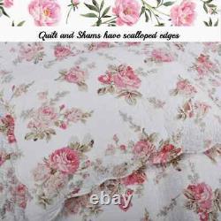 Beautiful Shabby Chic Romantic Pink Red Ivory White Rose Soft Country Quilt Set