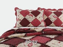 Cozy Chic Cottage Shabby Pink Red Burgundy Ruffle Patchwork Rose Soft Quilt Set