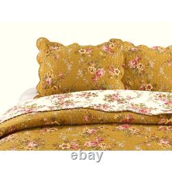 Cozy Shabby Chic Country Pink Red Ivory Green Leaf Brown Yellow Rose Quilt Set