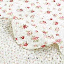 Cozy Shabby Chic White Pink Red Green Leaf Cottage Soft Romantic Rose Quilt Set