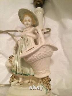 EXCEPTIONAL QUALITY Antique German Fine Porcelain Girl with Baskets Figural Lamp