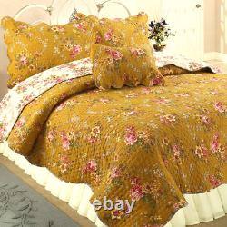 Elegant Cottage Chic French Pink Red Rose Green Leaf Brown Yellow Soft Quilt Set