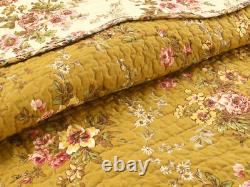 Elegant Cottage Chic French Pink Red Rose Green Leaf Brown Yellow Soft Quilt Set