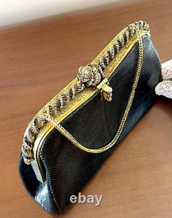 GORGEOUS HI QUALITY VNTG 1950 Purse BLK EXOTIC LIZARD LEATHER Handbag Gold Chain