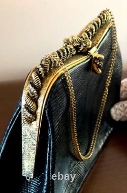 GORGEOUS HI QUALITY VNTG 1950 Purse BLK EXOTIC LIZARD LEATHER Handbag Gold Chain