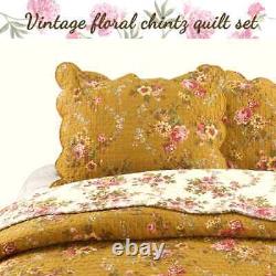 New! Cozy Antique Country Pink Red Green Leaf Brown Gold Yellow Rose Quilt Set