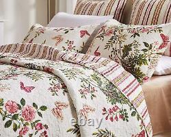 New! Cozy Chic Country Antique Ivory White Red Pink Rose Green Leaf Quilt Set