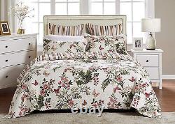 New! Cozy Chic Country Antique Ivory White Red Pink Rose Green Leaf Quilt Set