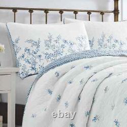 New Cozy Chic Shabby Country French Blue White Floral Cottage Leaf Quilt Set