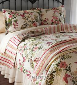 New! Cozy Chic Shabby Vintage Ivory Leaf Red Pink Rose Green Soft Quilt Set
