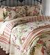 New! Cozy Chic Shabby Vintage Ivory Leaf Red Pink Rose Green Soft Quilt Set