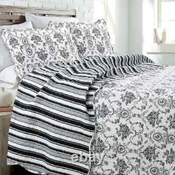 New! Cozy Classic Antique Cottage Stripe Black White Floral Rose Quilt Set