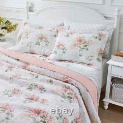 New! Cozy Cottage Chic Shabby Romantic White Sage Green Leaf Pink Quilt Set
