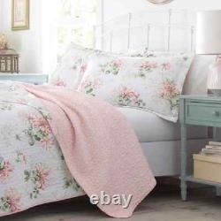 New! Cozy Cottage Chic Shabby Romantic White Sage Green Leaf Pink Quilt Set
