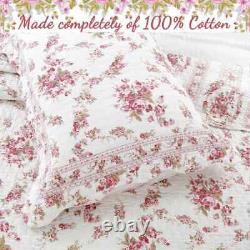 New! Cozy Cottage Shabby Chic White Pink Red Green Ivory Rose Soft Quilt Set