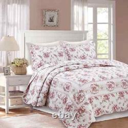 New! Cozy Cottage Shabby Chic White Pink Red Green Ivory Rose Soft Quilt Set