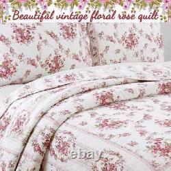 New! Cozy Cottage Shabby Chic White Pink Red Victorian Ivory Rose Soft Quilt Set
