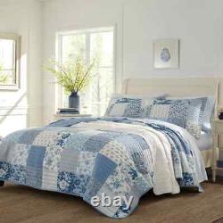 New! Cozy Cotton Cottage Chic French Shabby Light Blue White Leaf Quilt Set