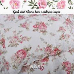 New! Cozy Country Chic Pink Purple Red Rose Green Leaf Shabby Cottage Quilt Set