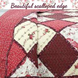 New! Cozy Country Chic Shabby Pink Red Burgundy Maroon Ruffle Rose Quilt Set
