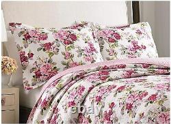 New! Cozy Elegant Cottage Chic Shabby Pink Rose Purple Green Leaf Quilt Set