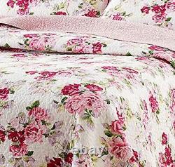New! Cozy Elegant Cottage Chic Shabby Pink Rose Purple Green Leaf Quilt Set