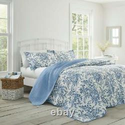 New! Cozy French Shabby Country Soft Light Blue White Floral Leaf Quilt Set