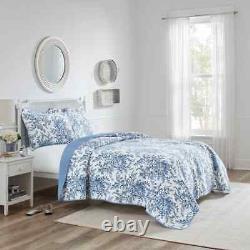 New! Cozy Shabby Chic Blue White French Cottage Leaf Rose Country Quilt Set