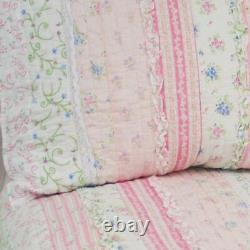 New! Cozy Shabby Chic Cottage Pink White Lavender Lace Blue Ruffle Quilt Set