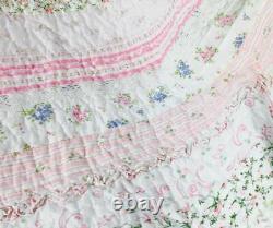 New! Cozy Shabby Chic Cottage Pink White Lavender Lace Blue Ruffle Quilt Set