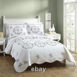 New! Cozy Shabby Chic Country White Purple Lilac Lavender Leaf Green Quilt Set