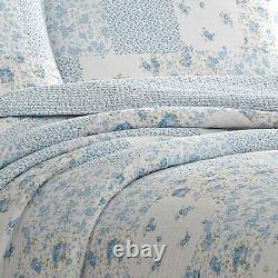 New! Cozy Shabby Chic French Blue Green White Rose Romantic Country Quilt Set